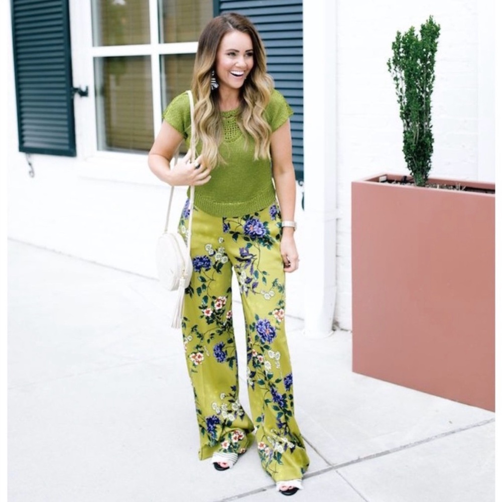 Eva Mendes x New York & Company Yellow Green Floral Wide-Leg Pants vibrant Sz L